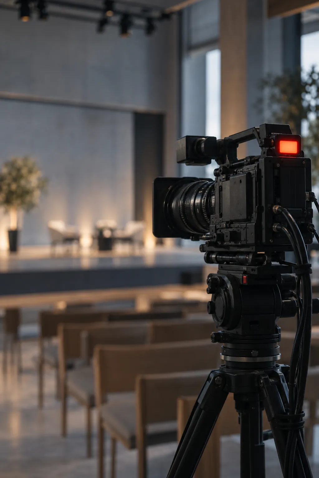 Tripod üstünde yayın kamerası, kırmızı kayıt ışığı yanıyor.